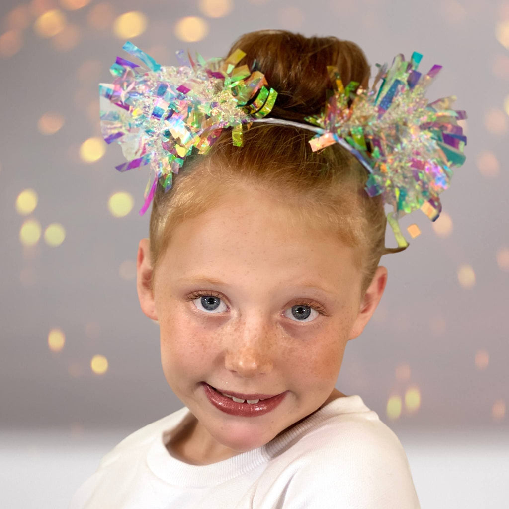 White Holographic Birthday party Pom Pom headband